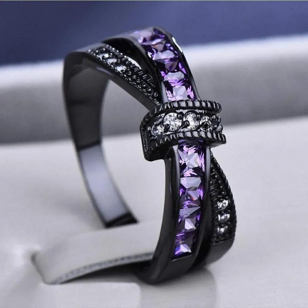 Gothic Amethyst Bowknot Ring Black Stainless Steel Rare and Unique Black Ring